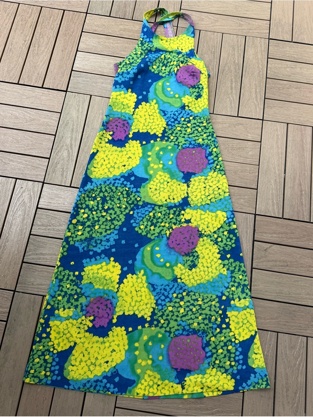 1970 paisley JerSea of Sweden cross back blue yellow green sleeveless dress - Picture 10 of 14